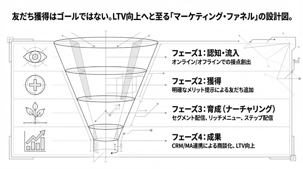 友だち獲得はゴールではない。認知・流入から獲得・ナーチャリング・CRM連携による成果・LTVまでのマーケティングファネル設計図