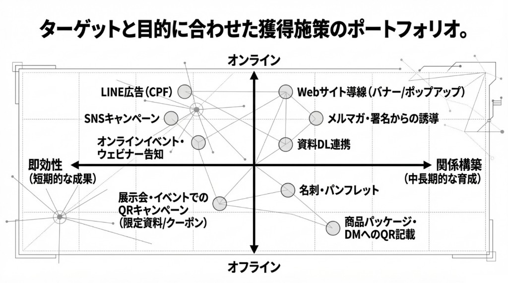 オンライン・オフラインと即効性・関係構築の2軸で整理したLINE友だち獲得施策のポートフォリオ図