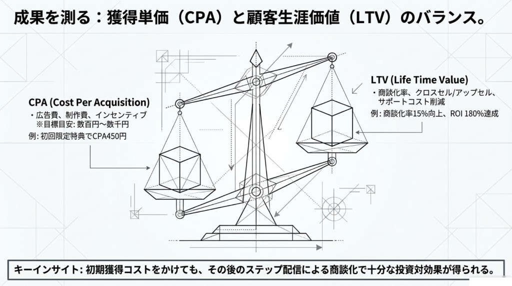 展示会・店舗レジ横・名刺パンフレットの3シーンでリアル接点からLINE友だちに繋ぐオフライン刈り取りプロセス図