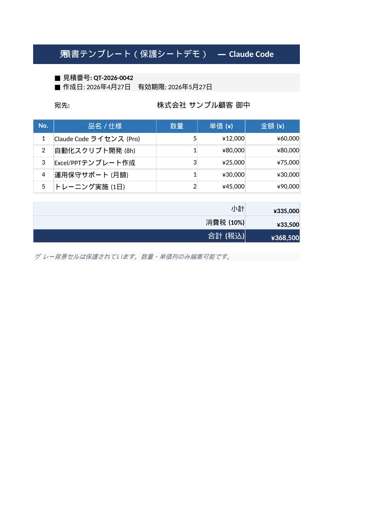 シート保護 見積書テンプレートデモ