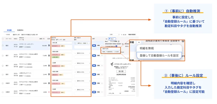freee会計上の「自動で経理」画面で明細が直接仕訳されるUI