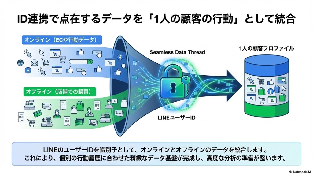 LINEユーザーIDでオンラインとオフラインのデータを1人の顧客プロファイルに統合する概念図